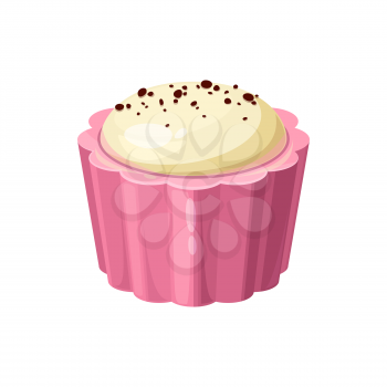 Tasty candy in shape of cupcake isolated pink tasty chocolate treat with white glaze. Vector milk or strawberry confectionery with milk cream topping and cocoa sprinkles, food dessert closeup