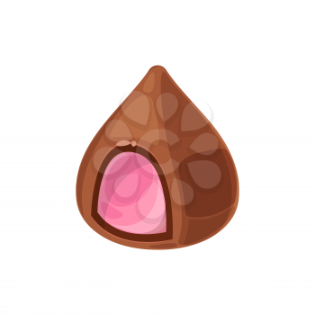 Bitten chocolate candy with pink cream isolated realistic confectionery item. Vector delicious chocolate treat, 3D of glossy cocoa sweets with jam, praline confection with nougat, sweet dessert