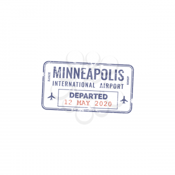 Stamp, passport travel visa of USA America, vector US international airport immigration and arrival border control square stamp with date, USA Minneapolis city airport code