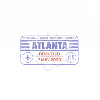 Passport stamp, travel customs visa, USA Atlanta, America international airport vector square frame. USA immigration border control departure ink sign with city airport code