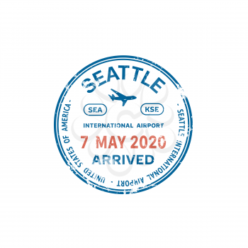 Passport stamp travel visa or customs of USA international airport and border control, vector isolated sign. Seattle city of US airport arrival visa or round passport stamp of immigration customs