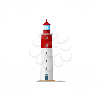 Marine lighthouse isolated tower building. Vector navigational nautical construction with signal on top. Sea navigation beacon tower with searchlight lamp, seafarer navigation equipment symbol