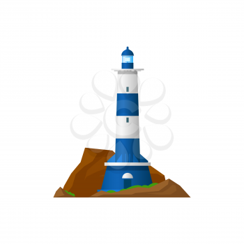 Sea lighthouse icon isolated marine beacon. Vector tower on ocean coast or marine shore with searchlight lamps and beach rocks. Nautical striped tower, navigation symbol, sea navigation beacon