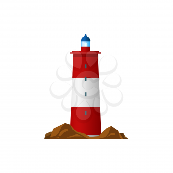 Lighthouse isolated searchlight tower. Vector red beacon building, marine navigation symbol, navy safety equipment. Nautical beacon, coastline tower building with guide beam of searchlight