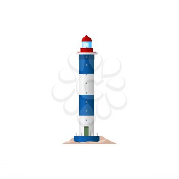 Lighthouse tower isolated building. Vector structure with beacon light to warn or guide ships at sea, nautical navigation beacon on ocean coast or marine shore. Seafarer security and safety tower
