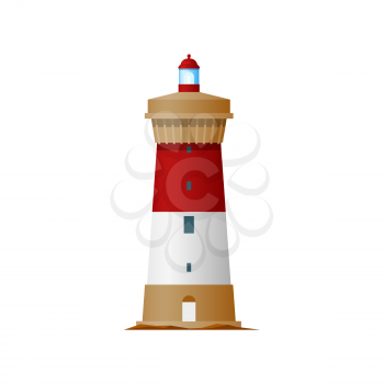 Marine lighthouse isolated tower building. Vector navigational nautical construction with signal on top. Nautical sea navigation beacon, tower on ocean coast or marine shore with searchlight lamp