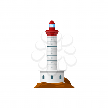 Retro lighthouse nautical building isolated icon. Vector seafarer construction, maritime guidance tower. Beacon, marine beacon with searchlight to navigate ships, tall tower on seashore rocks
