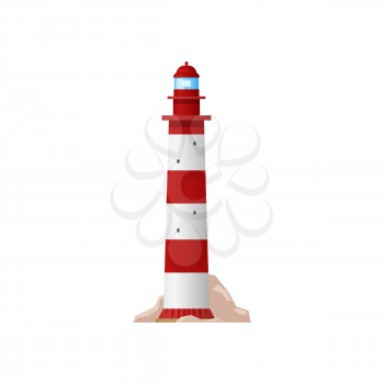 Nautical lighthouse sea navigation beacon isolated navy guidance equipment. Vector marine tower with searchlight lamp, red striped building icon. Retro tower construction with entrance on rocks
