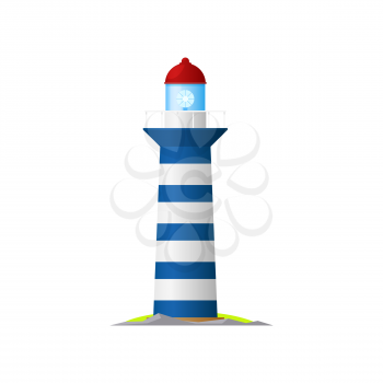 Beacon tower on ocean coast or marine shore with searchlight lamp isolated icon. Vector nautical striped tower, navigation symbol, seafarer beacon. Sea lighthouse icon, marine blue striped beacon