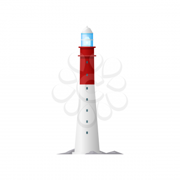 Beacon tower lighthouse isolated marine building icon. Vector marine beacon with searchlight to navigate ships, tall tower on seashore on coastline. Seafarer construction, maritime guidance tower