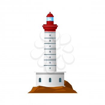 Lighthouse or coast night sign, light house sea beacon, vector coastal tower. Beach and harbor port lighthouse with light beam signal for safety ship sailing, red and white building on shore cliff