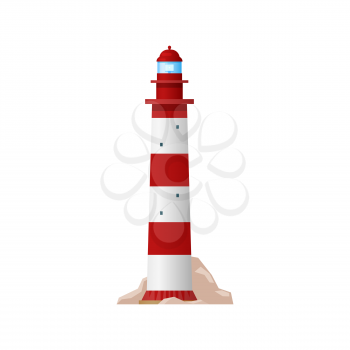 Lighthouse, sea beacon tower light or searchlight coastal light house, vector. Coast night signal, port guide for ship safety sailing and navigation, white and red lighthouse tower, isolated flat icon