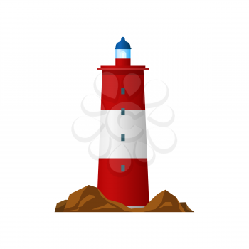 Lighthouse or beacon searchlight tower, nautical coast and sea light, vector isolated. Light house icon, marine navigation and ship sailing beam signal on harbor shore cliff