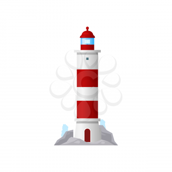 Lighthouse beacon or searchlight tower and nautical coast sea light, vector isolated. Shore light house icon with red and white stripes, marine navigation and ship sailing signal of harbor port