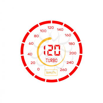 Speedometer or gauge meter indicator and car speed level graph, vector icon. Speedometer, car velocity measure dashboard with kilometer per hour counter, red yellow odometer