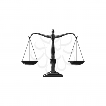 Scales isolated monochrome icon. Vector dual balance Themis scales of justice on decorative stand. Mechanical balancing scales, symbol of law and judgment, punishment and truth, measuring device