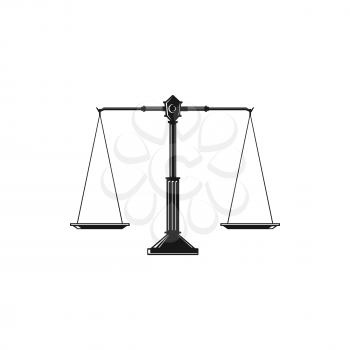 Beam balance weight scales, mass balances isolated Themis judiciary tool. Vector equal balances on stand, symbol of judgment and punishment, equality sign. Retro weight and mass measuring device