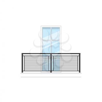 Balcony with metal railing and handrails isolated fence and window. Vector balustrade and doorway, building facade exterior element. Banister, plastic window in wall, hotel, residential house balcony