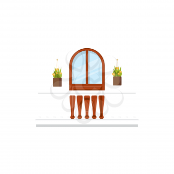 Balcony with arch doorway, flower cachepots and marble balustrades and railings isolated icon. Vector Italian balcony, fence with pillars, window. Spanish or Mexican balcony with flower pots
