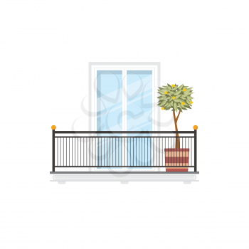 Spanish balcony with lemon or orange tree growing in pot, metal balustrade or railing. Vector residential building or hotel balcony with spindle fence, handrail and balusters, summer terrace