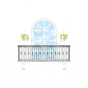 Arched balcony with flower cachepots, pillars and forged balustrades isolated facade exterior construction. Vector Italian balcony, arch window and railing, flowerpots, summer terrace at house