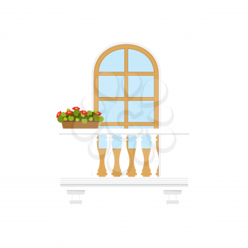 Arched doorway at balcony with marble or stone balustrade, pillars and flowers in pots. Vector summer terrace, railing white barrier and growing plants in flowerpot. Window at balcony, floral decor