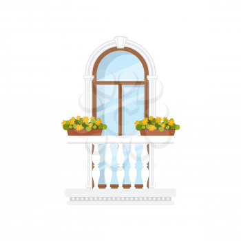 Balcony with marble railings, flower pots isolated in pots. Vector window at balcony, floral decor at railing, flowerpots. Summer terrace, railing white barrier and growing plants in pots