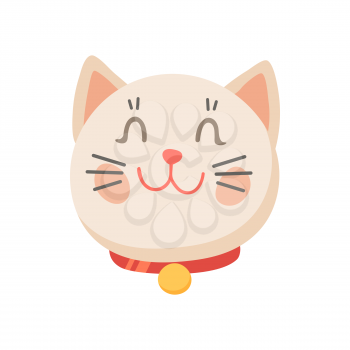 Pink girly kitten in collar with medal isolated smiling cat. Vector happy home pet, shy emoji of feline animal, hipster cat emoticon character. Kitten with closed eyes, champion pet in pleased mood