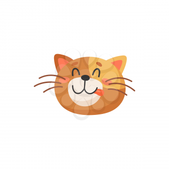 Ginger cat emoticon isolated happy kitten head showing tongue. Vector portrait of smiling kitten, head or print of home friendly animal. Red cat snout, feline purebred, short hair striped cat snout