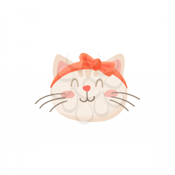 Kitten girl with bow on head isolated pleased cat. Vector happy emoticon, cat in good mood, kitten snout with closed eyes emoji sticker. Lovely cat-girl with bobby pin or barrette on head
