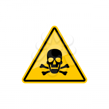 Death warning sign isolated yellow triangle with skull and crossed bones. Vector warns of danger symbol, poison or able to kill warning sign. Toxic wastes warning sign with head skeleton