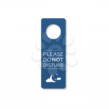 Door hanger blue tag with please do not disturb sign isolated plastic label with moon and stars. Vector do not enter hotel or motel message on handle, sleeping or resting sign, keep silence and quiet