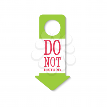 Do not disturb doorknob hanger isolated warning in green and white. Vector label or card with prohibition or warning information not to disturb. No service sign on motel, office or school door