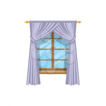 Drapery curtains on cornice at wooden window isolated icon. Vector drapes or shades, home interior and window treatments design. Tab top and sash curtains with rods and valances, vertical shutters