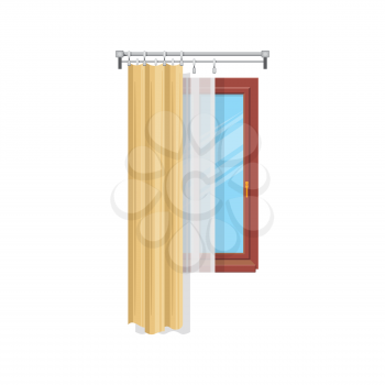 Home window with silk tulle and shades isolated curtains house interior decor. Vector draperies window treatments design. Tab top and sash curtains on metal cornice, modern clothing on windows