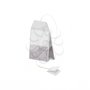 Tea bag with black tea in transparent package isolated. Vector teabag and blank tag mockup, green, floral or herbal tea packaging. Rectangular small porous sealed packet with tea-leaves