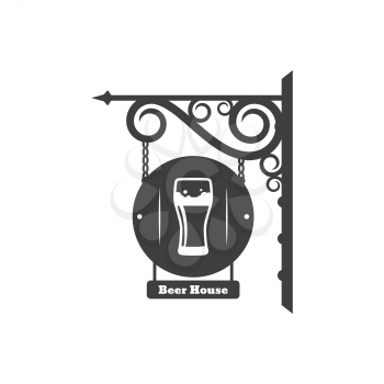 Beer house retro street billboard on wrought metal brackets and iron chains. Vector pub vintage signboard, vintage bar signage. Glass of frosty beer or antique restaurant or tavern sign, alcohol drink
