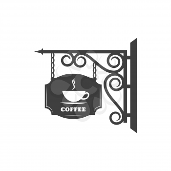 Retro signboard of coffee shop or cafe, cafeteria retro sign with forged metal ornament and chains. Vector board with antique forged ornaments, cafeteria or cafe sign, coffee restaurant signage