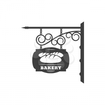 Bakery shop vintage signboard with metal chain and forged ornaments isolated hanging bread store sign. Vector antique bakery signage, fresh buns and loaf, baked food retro black street signboard