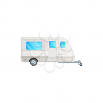 Camper trailer or travel van and caravan car RV truck, vector motorhome icon. Travel trailer van for recreation and tourism, home cabin on wheels, camping journey transport