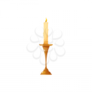 Vintage candle in wooden candlestick isolated realistic icon. Vector burning candle with melting wax paraffin in bronze brass candlestick, bright flame. Retro decorative glowing candlelight object