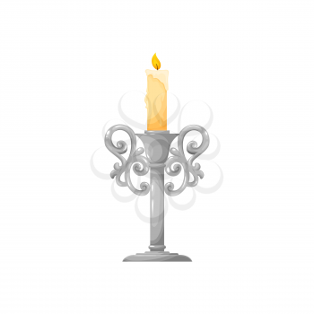 Silver candlestick with bright burning candle isolated realistic icon. Vector vintage ornamental metal holder, paraffin wax candle with flame. Christmas and wedding decoration, illumination object