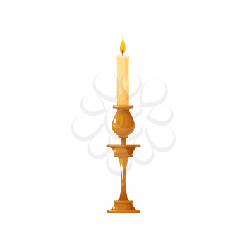 Candle in wooden candlestick isolated retro illumination symbol. Vector glowing Christmas or New Year decoration. Vintage candlestick and bright flame, candlelight from burning paraffin wax candle