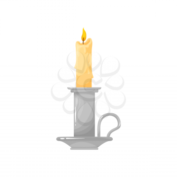Candle in silver candlestick holder, bright burning flame isolated icon. Vector vintage burning candle with melting wax paraffin, bright flame. Retro decorative glowing candlelight object
