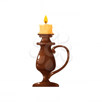 Burning candle in holder with handle isolated realistic icon. Vector mystic, romantic wax stick candle with fire on top. Christmas, New Year decoration, copper holder, antique brass candelabra