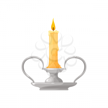 Vintage candle in candlestick with two handles isolated realistic icon. Vector silver holder with burning wax stick, glowing paraffin melting candle with bright flame. Retro decorative object