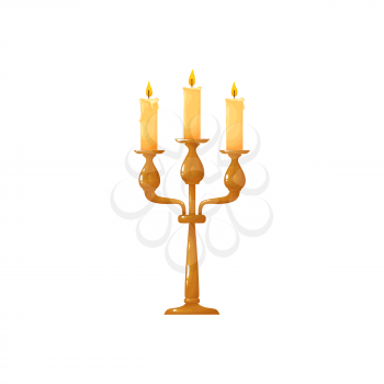 Candle in brass candlestick, bright burning flame isolated icon. Vector vintage decorative object, metal chandelier, melting wax paraffin in bronze sconce. Candle in wooden holder, realistic flame