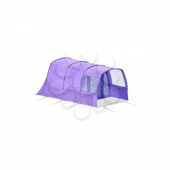 Camping tent with one room and hall isolated realistic icon. Vector purple cartoon tent, hiking equipment, campsite house for outdoor recreation. Sport and travel touristic marquees with ropes
