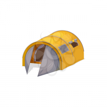 Large waterproof two bedroom family tent for four person isolated realistic icon. Vector yellow canopy dome with hall and windows, realistic shelter for hiking sport, travel tourism, scouts activities