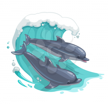 Cartoon dolphins in sea wave. Vector ocean creatures playing and jumping in splashing blue water isolated on white background. Couple of dolphins, aquatic underwater mammal animals, marine nature life